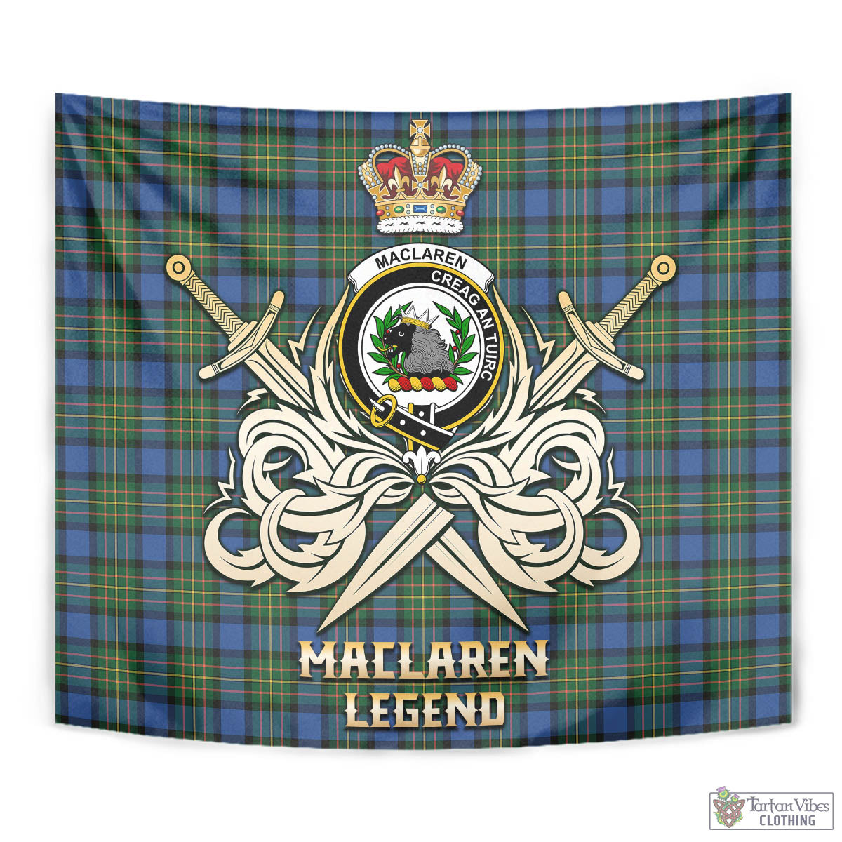 Tartan Vibes Clothing MacLaren Ancient Tartan Tapestry with Clan Crest and the Golden Sword of Courageous Legacy