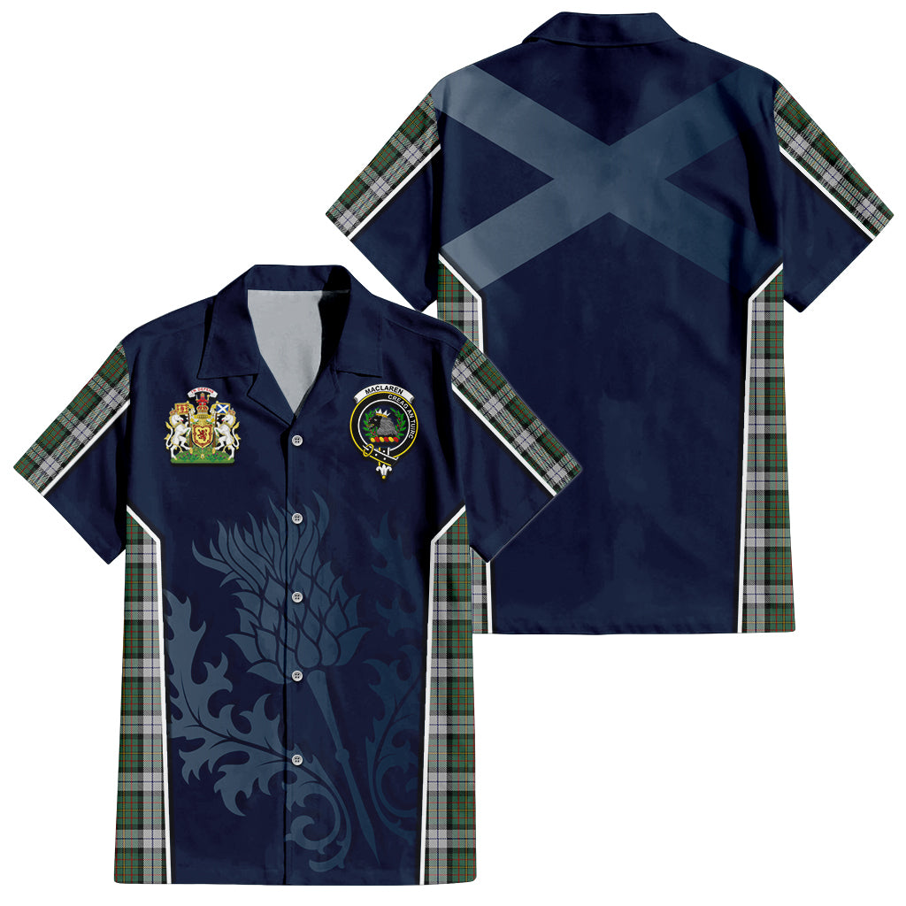 Tartan Vibes Clothing MacLaren Dress Tartan Short Sleeve Button Up Shirt with Family Crest and Scottish Thistle Vibes Sport Style