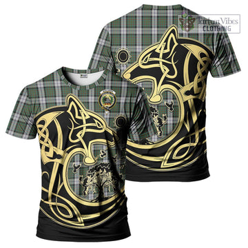 MacLaren Dress Tartan T-Shirt with Family Crest Celtic Wolf Style