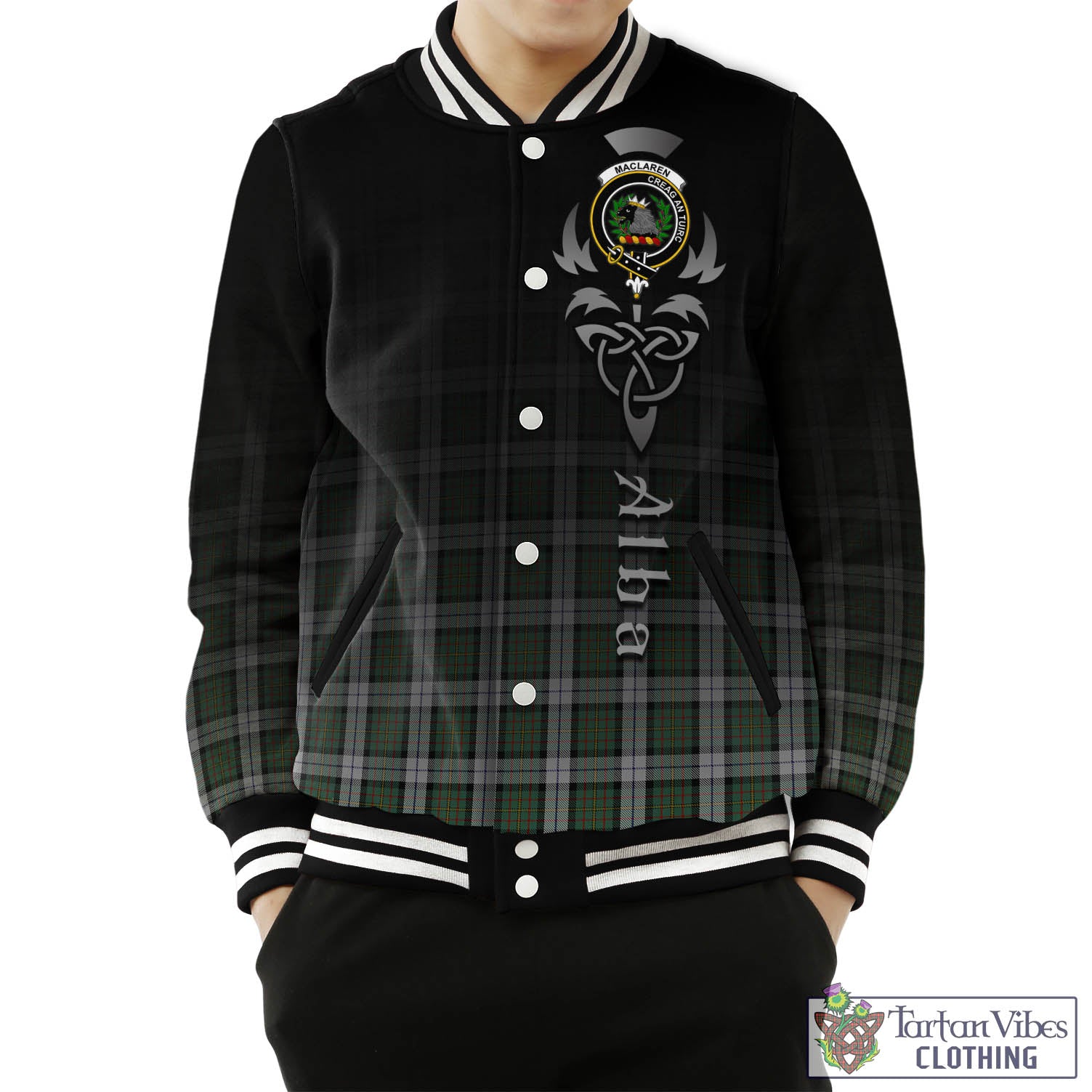 Tartan Vibes Clothing MacLaren Dress Tartan Baseball Jacket Featuring Alba Gu Brath Family Crest Celtic Inspired