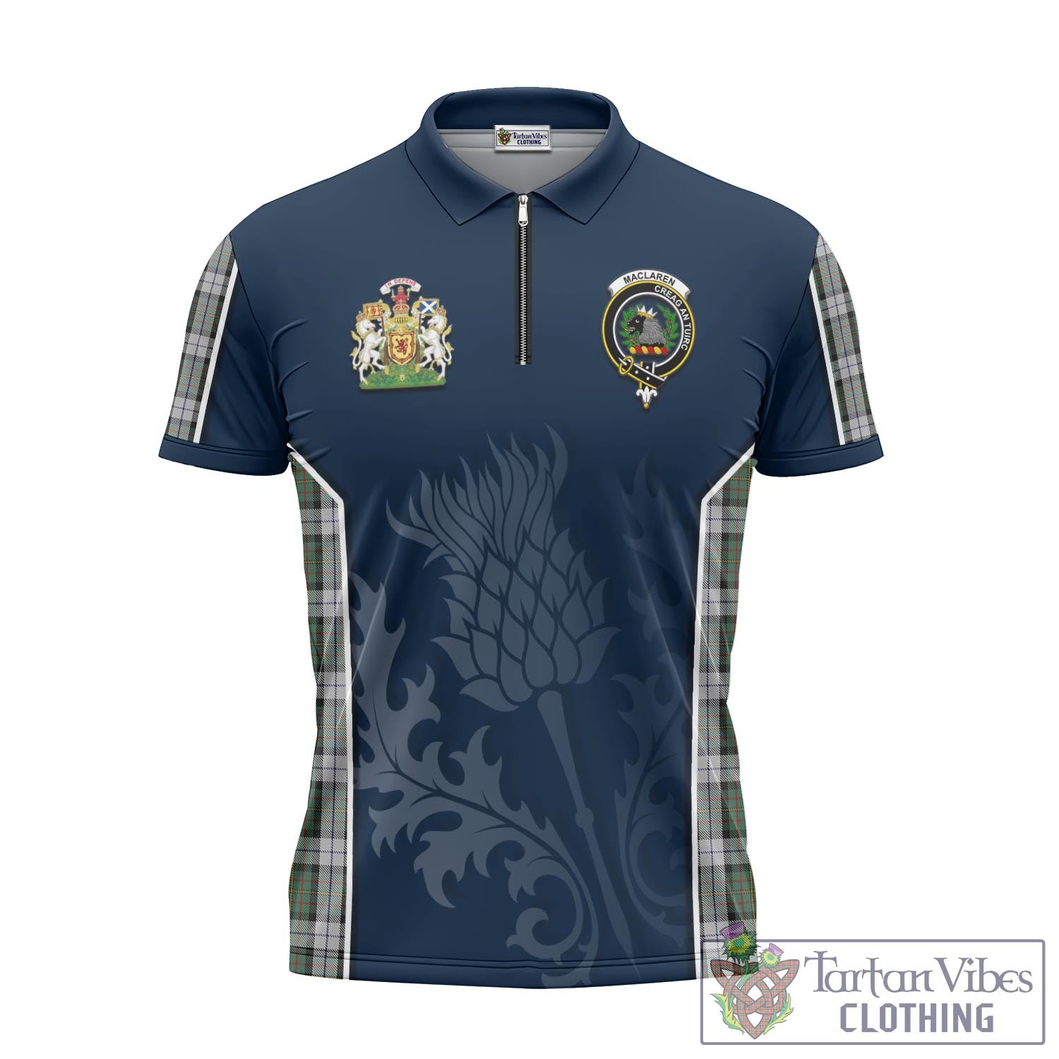 Tartan Vibes Clothing MacLaren Dress Tartan Zipper Polo Shirt with Family Crest and Scottish Thistle Vibes Sport Style