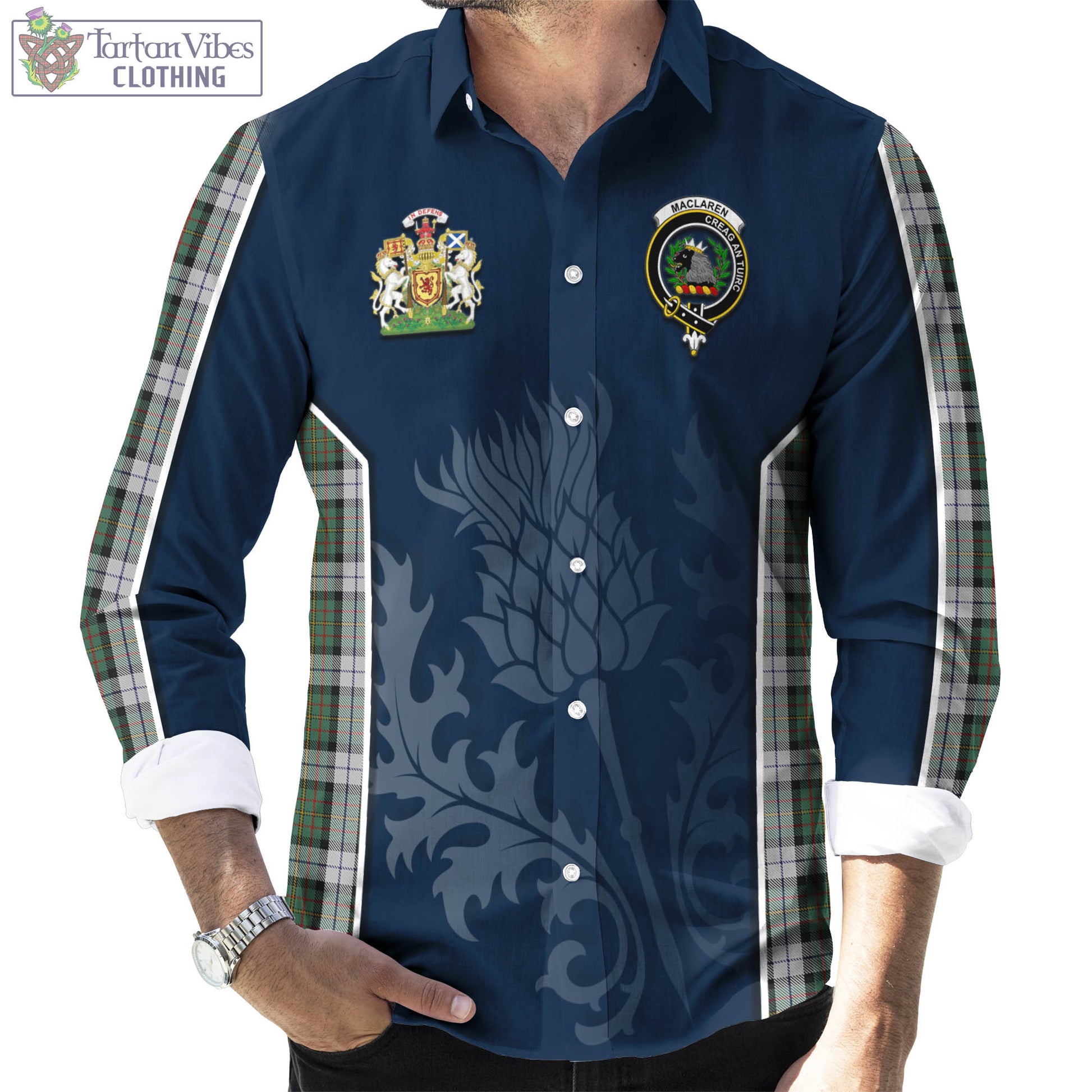 Tartan Vibes Clothing MacLaren Dress Tartan Long Sleeve Button Up Shirt with Family Crest and Scottish Thistle Vibes Sport Style