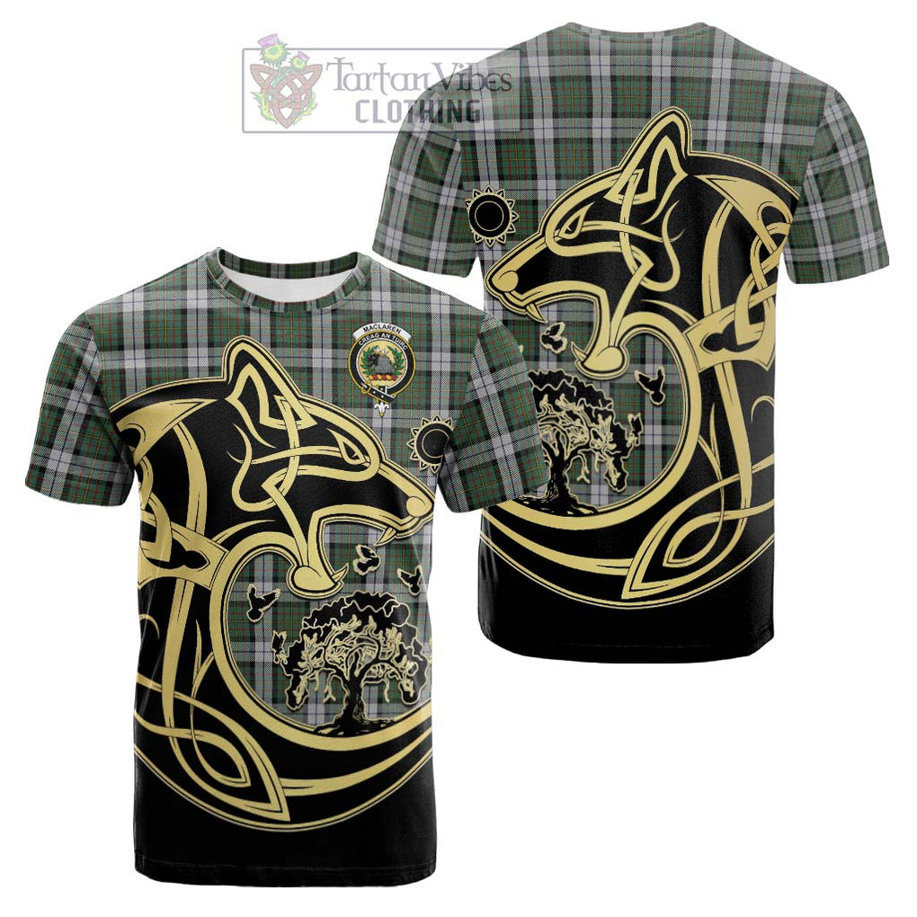 Tartan Vibes Clothing MacLaren Dress Tartan Cotton T-shirt with Family Crest Celtic Wolf Style