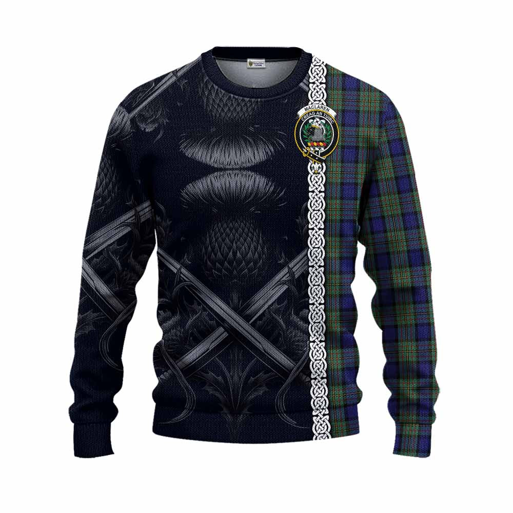 MacLaren (McLaren) Tartan Knitted Sweater with Family Crest Cross Sword Thistle Celtic Vibes Unisex - Tartan Vibes Clothing