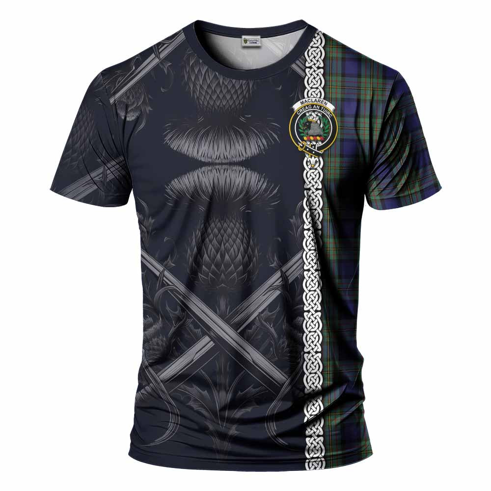 Tartan Vibes Clothing MacLaren (McLaren) Tartan T-Shirt with Family Crest Cross Sword Thistle Celtic Vibes