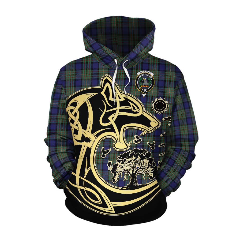 Tartan Vibes Clothing MacLaren (McLaren) Tartan Cotton Hoodie with Family Crest Celtic Wolf Style