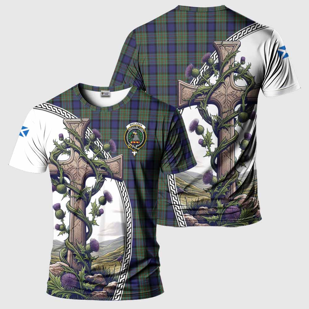 Tartan Vibes Clothing MacLaren (McLaren) Agnew Tartan T-Shirt with Family Crest and St. Andrew's Cross Accented by Thistle Vines