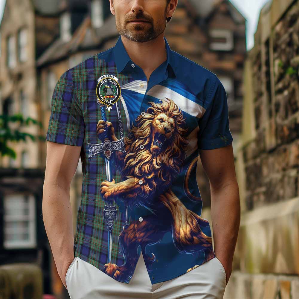 Tartan Vibes Clothing MacLaren (McLaren) Tartan Family Crest Short Sleeve Button Shirt with Scottish Majestic Lion