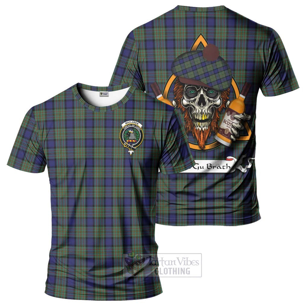 Tartan Vibes Clothing MacLaren (McLaren) Tartan T-Shirt with Family Crest and Bearded Skull Holding Bottles of Whiskey