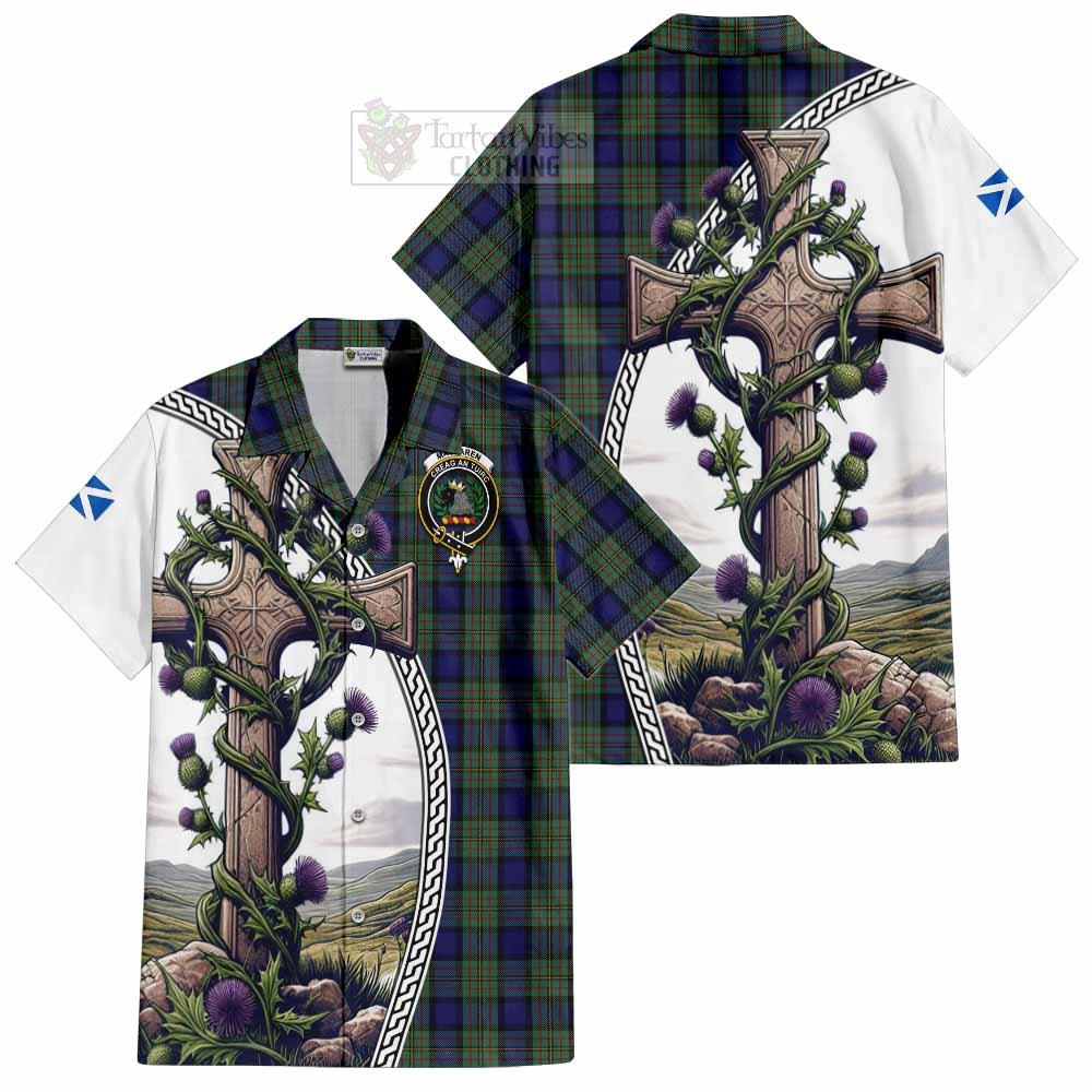 Tartan Vibes Clothing MacLaren (McLaren) Tartan Short Sleeve Button Shirt with Family Crest and St. Andrew's Cross Accented by Thistle Vines