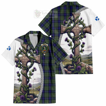 MacLaren (McLaren) Tartan Short Sleeve Button Shirt with Family Crest and St. Andrew's Cross Accented by Thistle Vines