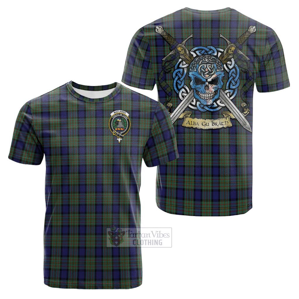 Tartan Vibes Clothing MacLaren (McLaren) Tartan Cotton T-shirt with Family Crest Celtic Skull Style