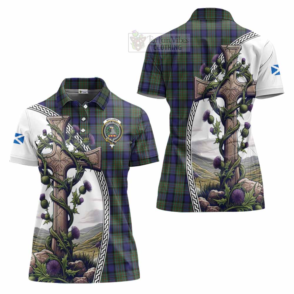 Tartan Vibes Clothing MacLaren (McLaren) Tartan Women's Polo Shirt with Family Crest and St. Andrew's Cross Accented by Thistle Vines