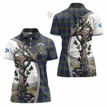 MacLaren (McLaren) Tartan Women's Polo Shirt with Family Crest and St. Andrew's Cross Accented by Thistle Vines