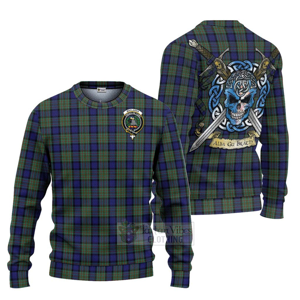 Tartan Vibes Clothing MacLaren (McLaren) Tartan Knitted Sweater with Family Crest Celtic Skull Style