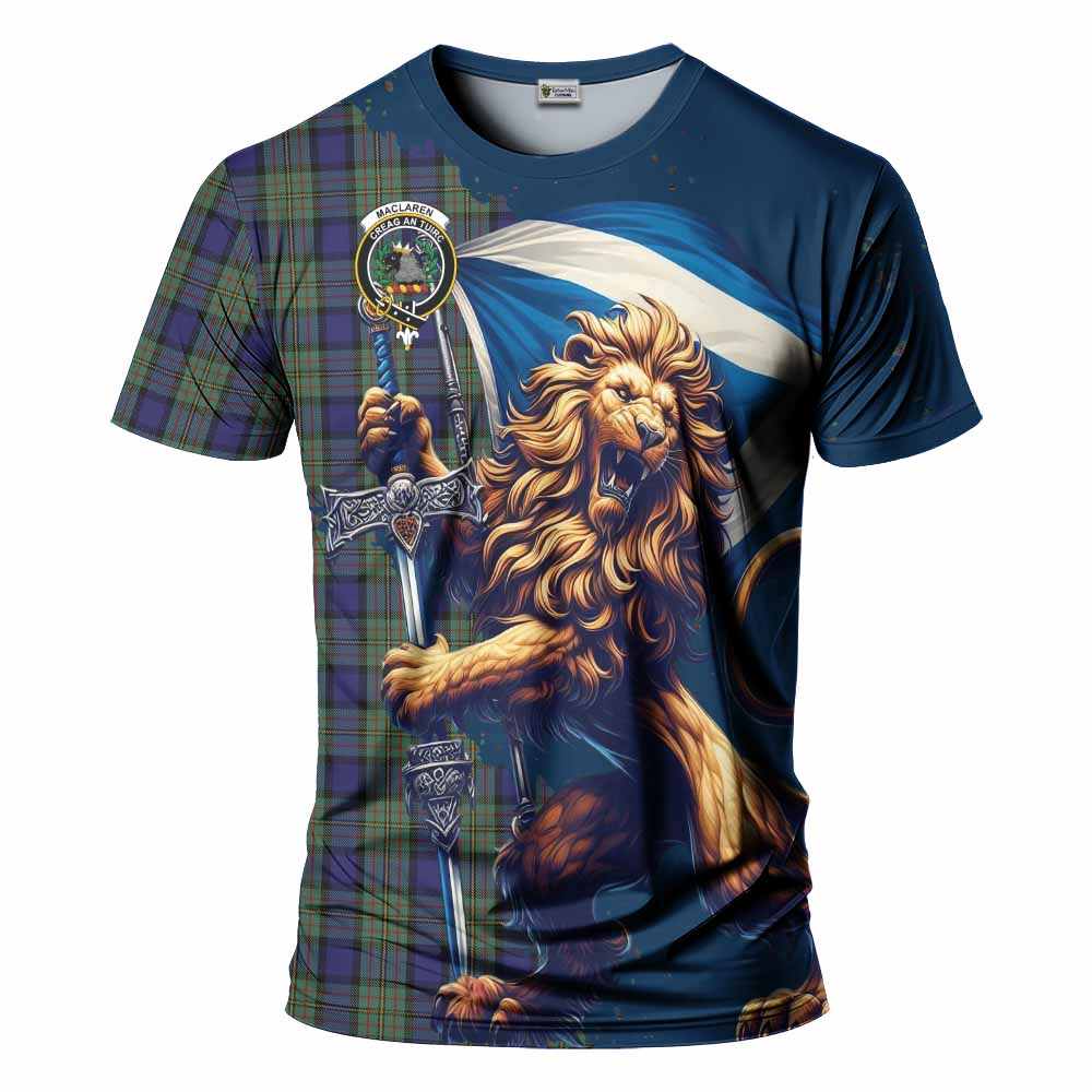 Tartan Vibes Clothing MacLaren (McLaren) Tartan Family Crest T-Shirt with Scottish Majestic Lion