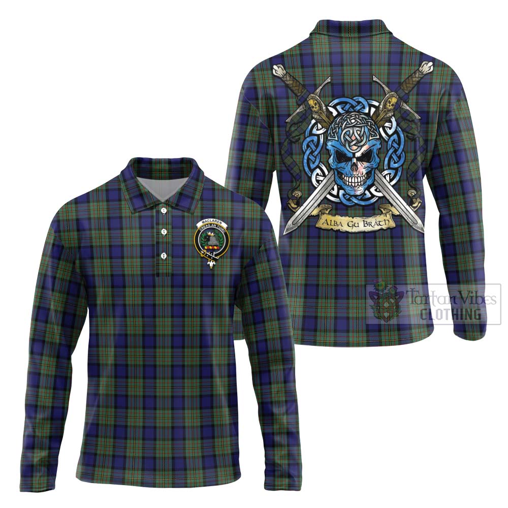 Tartan Vibes Clothing MacLaren (McLaren) Tartan Long Sleeve Polo Shirt with Family Crest Celtic Skull Style