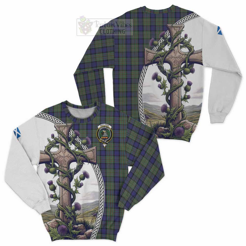 Tartan Vibes Clothing MacLaren (McLaren) Tartan Sweatshirt with Family Crest and St. Andrew's Cross Accented by Thistle Vines