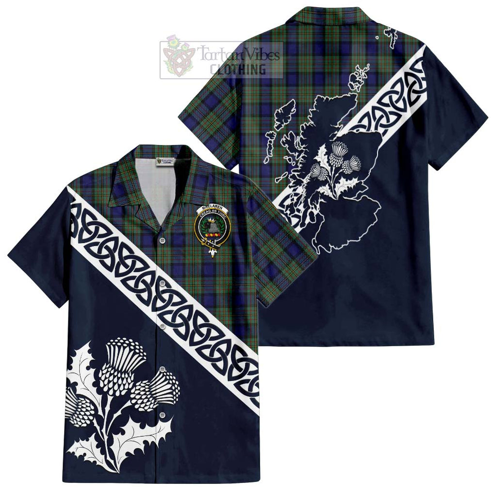 Tartan Vibes Clothing MacLaren (McLaren) Tartan Short Sleeve Button Shirt Featuring Thistle and Scotland Map