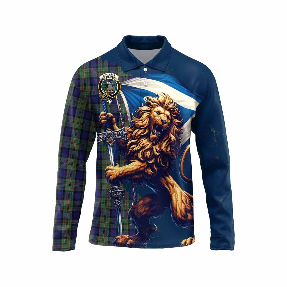 Tartan Vibes Clothing MacLaren (McLaren) Tartan Family Crest Long Sleeve Polo Shirt with Scottish Majestic Lion