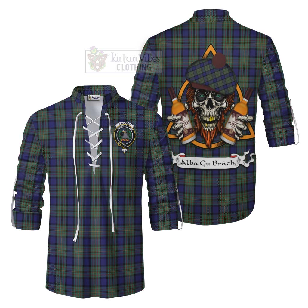 Tartan Vibes Clothing MacLaren (McLaren) Tartan Ghillie Kilt Shirt with Family Crest and Bearded Skull Holding Bottles of Whiskey