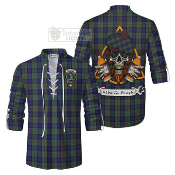 MacLaren (McLaren) Tartan Ghillie Kilt Shirt with Family Crest and Bearded Skull Holding Bottles of Whiskey