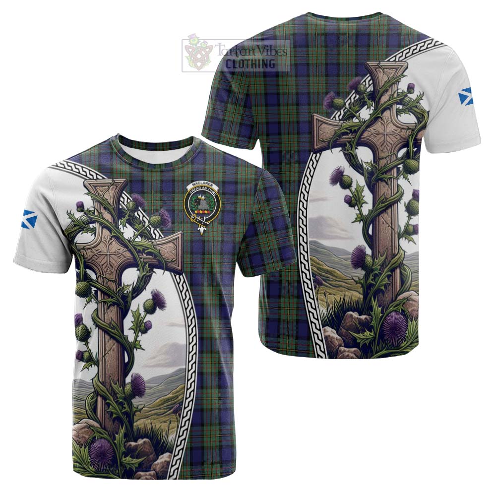 Tartan Vibes Clothing MacLaren (McLaren) Tartan Cotton T-shirt with Family Crest and St. Andrew's Cross Accented by Thistle Vines