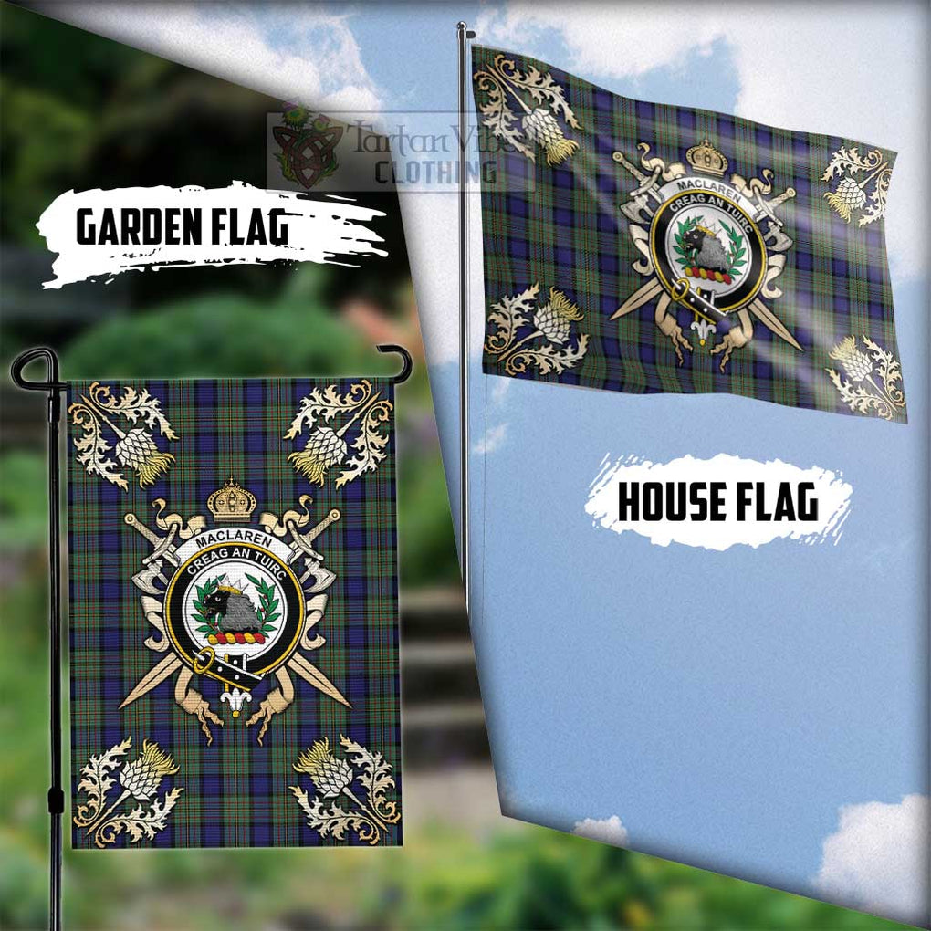 Tartan Vibes Clothing MacLaren (McLaren) Tartan Flag with Family Crest and Golden Thistle Crossed Sword Design