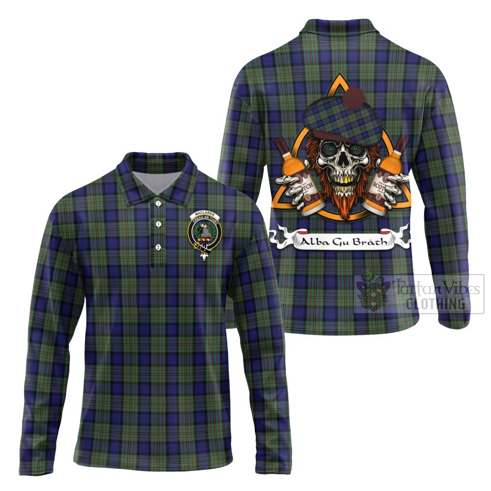 Tartan Vibes Clothing MacLaren (McLaren) Tartan Long Sleeve Polo Shirt with Family Crest and Bearded Skull Holding Bottles of Whiskey