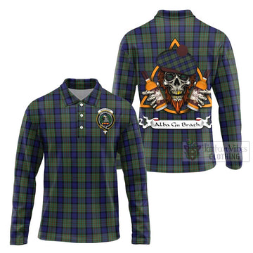 MacLaren (McLaren) Tartan Long Sleeve Polo Shirt with Family Crest and Bearded Skull Holding Bottles of Whiskey