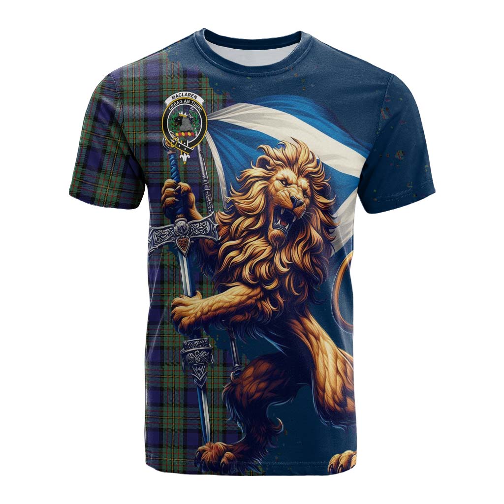 Tartan Vibes Clothing MacLaren (McLaren) Tartan Family Crest Cotton T-shirt with Scottish Majestic Lion