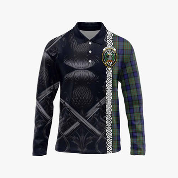 MacLaren (McLaren) Tartan Long Sleeve Polo Shirt with Family Crest Cross Sword Thistle Celtic Vibes