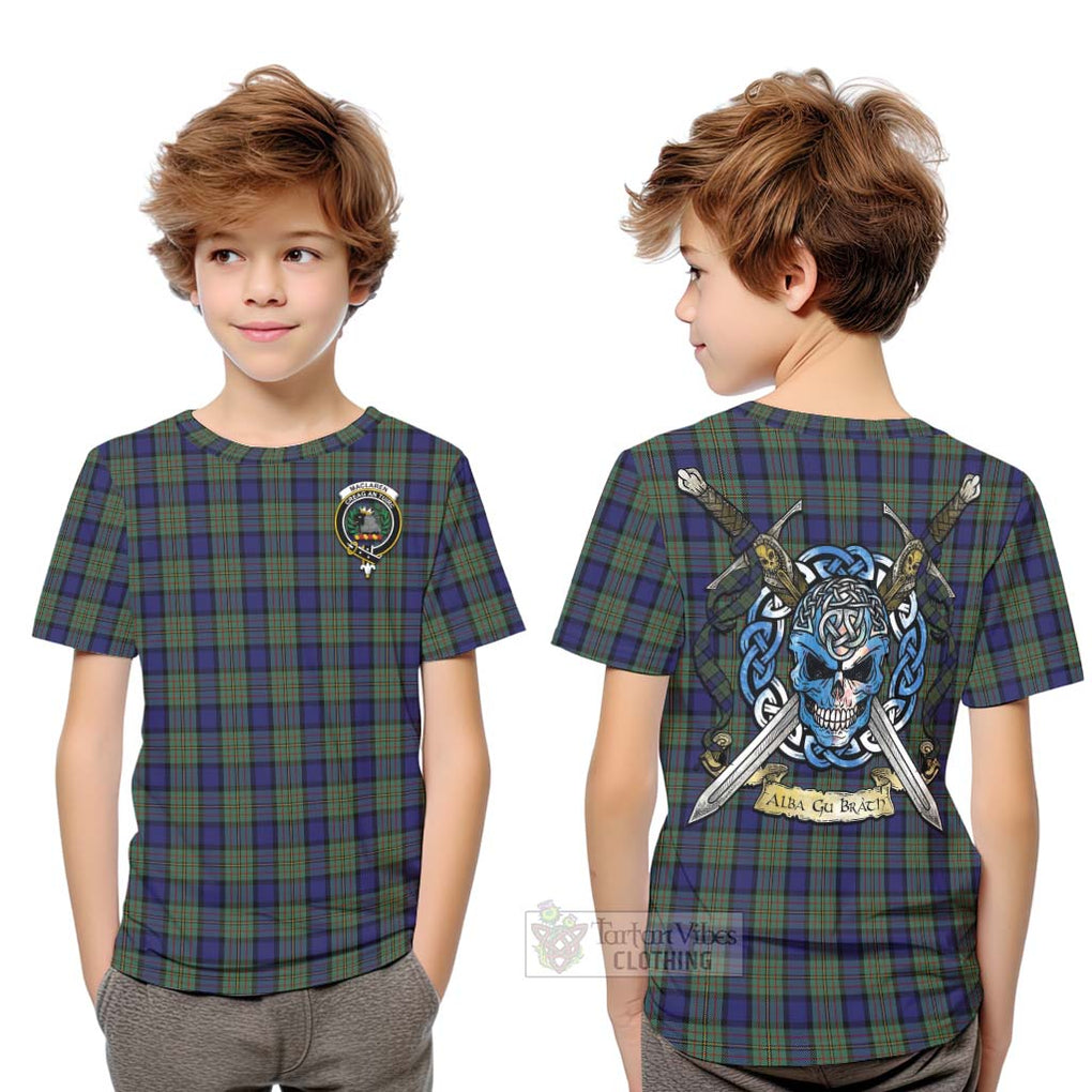 Tartan Vibes Clothing MacLaren (McLaren) Tartan Kid T-Shirt with Family Crest Celtic Skull Style