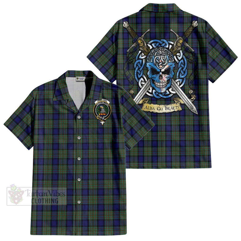 Tartan Vibes Clothing MacLaren (McLaren) Tartan Short Sleeve Button Shirt with Family Crest Celtic Skull Style