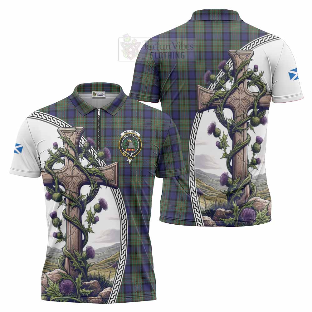 Tartan Vibes Clothing MacLaren (McLaren) Tartan Zipper Polo Shirt with Family Crest and St. Andrew's Cross Accented by Thistle Vines