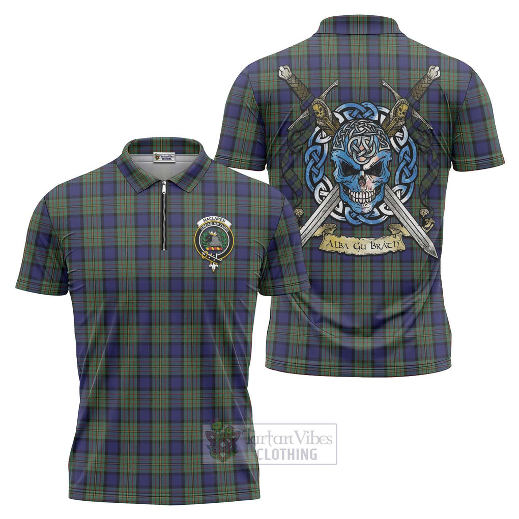 Tartan Vibes Clothing MacLaren (McLaren) Tartan Zipper Polo Shirt with Family Crest Celtic Skull Style