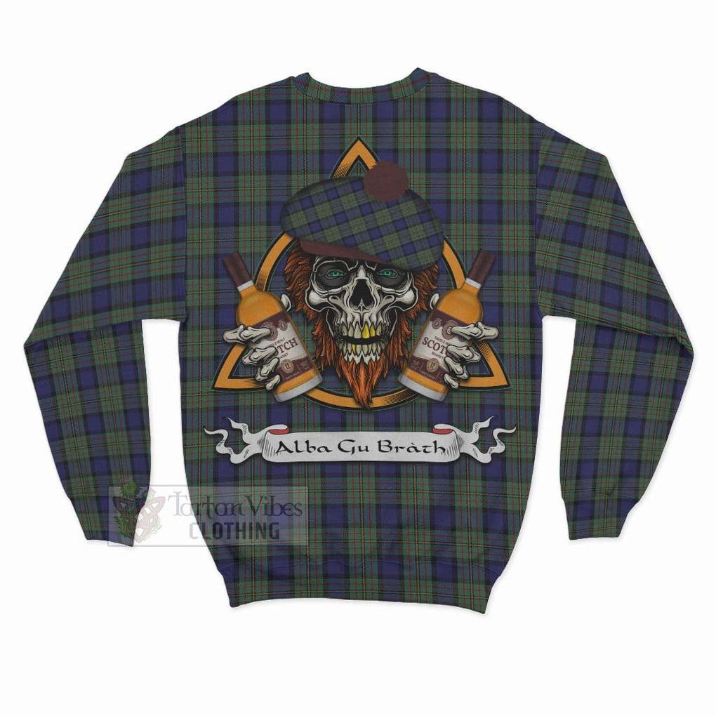 Tartan Vibes Clothing MacLaren (McLaren) Tartan Sweatshirt with Family Crest and Bearded Skull Holding Bottles of Whiskey