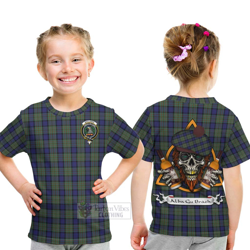 Tartan Vibes Clothing MacLaren (McLaren) Tartan Kid T-Shirt with Family Crest and Bearded Skull Holding Bottles of Whiskey