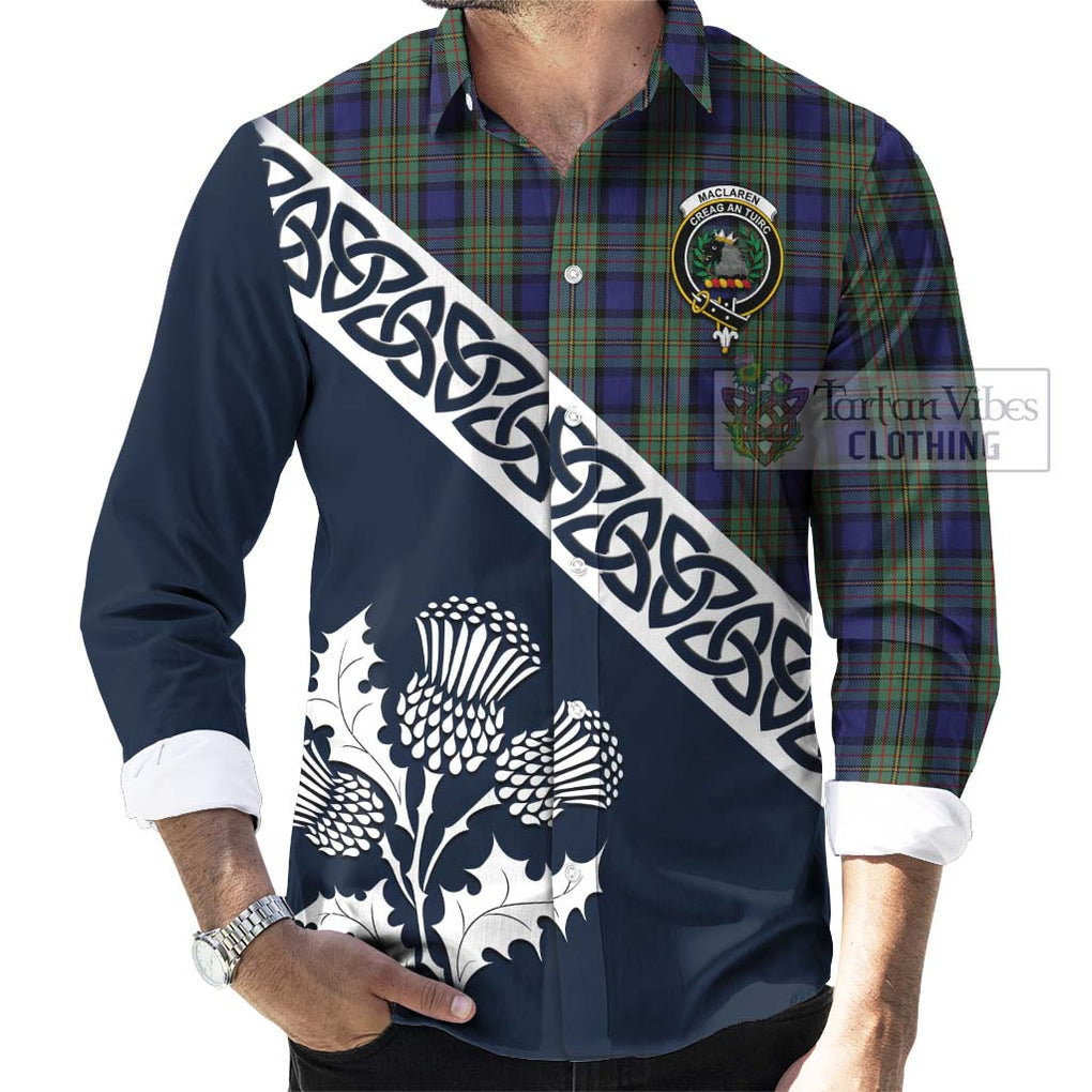 Tartan Vibes Clothing MacLaren (McLaren) Tartan Long Sleeve Button Shirt Featuring Thistle and Scotland Map