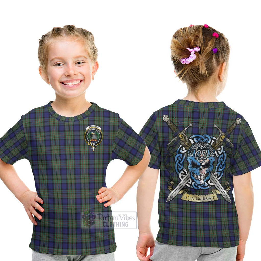 Tartan Vibes Clothing MacLaren (McLaren) Tartan Kid T-Shirt with Family Crest Celtic Skull Style