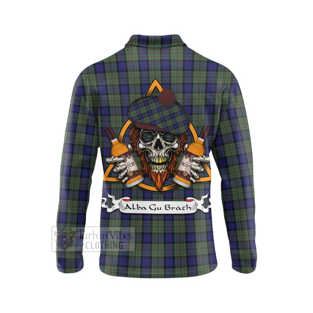 Tartan Vibes Clothing MacLaren (McLaren) Tartan Long Sleeve Polo Shirt with Family Crest and Bearded Skull Holding Bottles of Whiskey