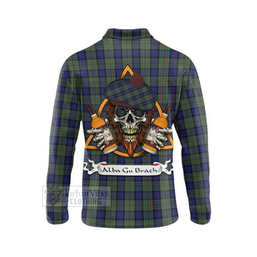 MacLaren (McLaren) Tartan Long Sleeve Polo Shirt with Family Crest and Bearded Skull Holding Bottles of Whiskey