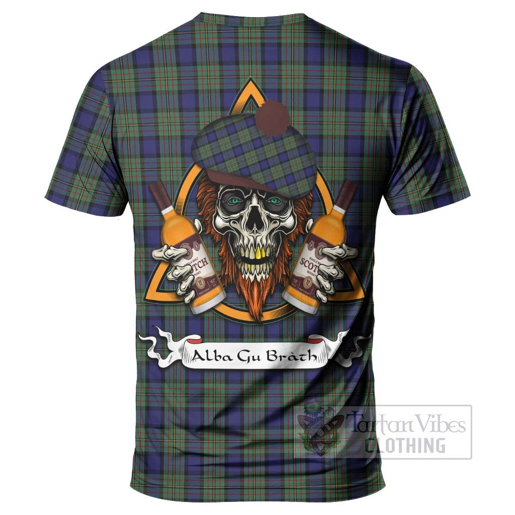 Tartan Vibes Clothing MacLaren (McLaren) Tartan T-Shirt with Family Crest and Bearded Skull Holding Bottles of Whiskey