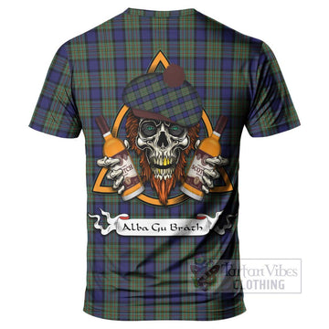 MacLaren (McLaren) Tartan T-Shirt with Family Crest and Bearded Skull Holding Bottles of Whiskey