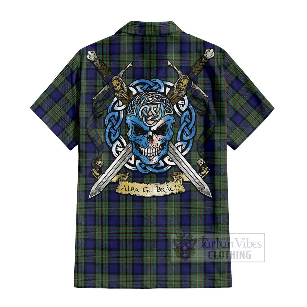 Tartan Vibes Clothing MacLaren (McLaren) Tartan Short Sleeve Button Shirt with Family Crest Celtic Skull Style