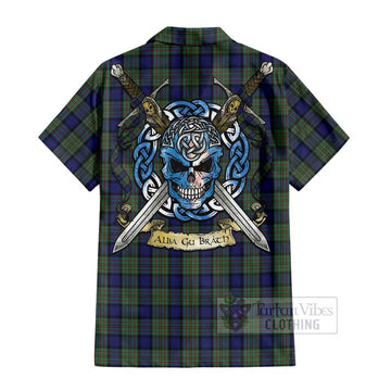 MacLaren (McLaren) Tartan Short Sleeve Button Shirt with Family Crest Celtic Skull Style