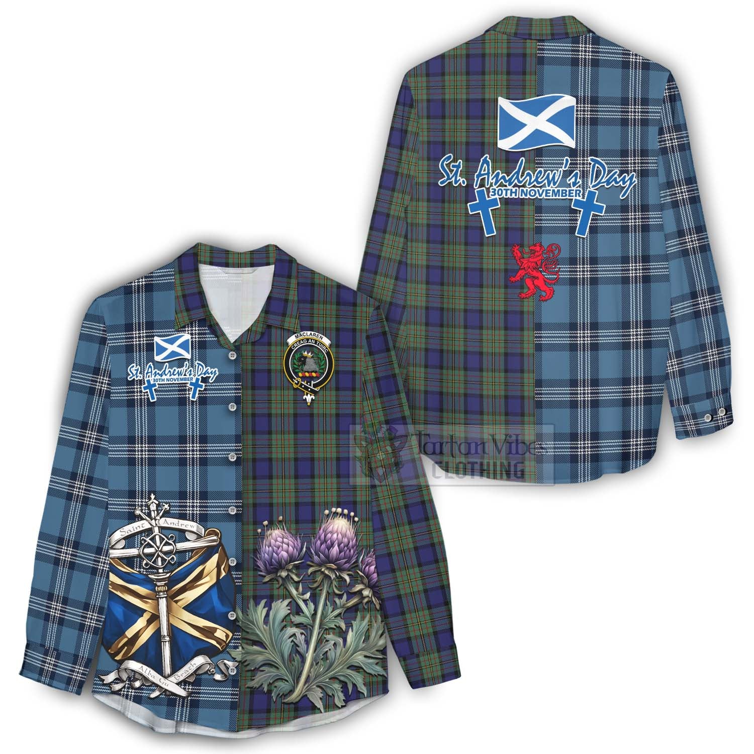 Tartan Vibes Clothing MacLaren (McLaren) Tartan Women's Casual Shirt Happy St. Andrew's Day Half Tartan Style