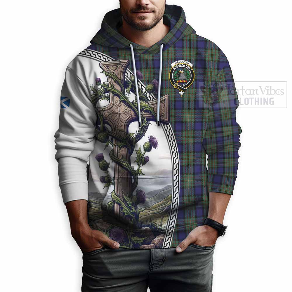 Tartan Vibes Clothing MacLaren (McLaren) Tartan Hoodie with Family Crest and St. Andrew's Cross Accented by Thistle Vines