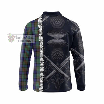 MacLaren (McLaren) Tartan Long Sleeve Polo Shirt with Family Crest Cross Sword Thistle Celtic Vibes