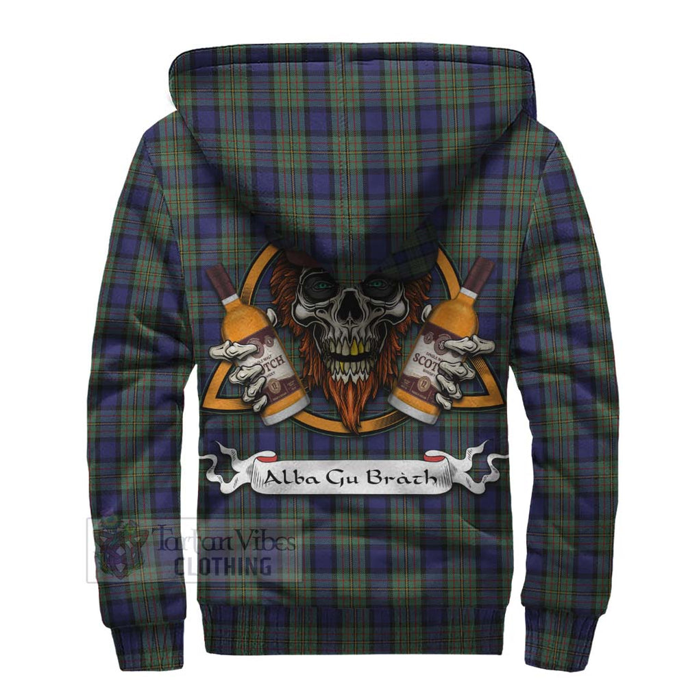 Tartan Vibes Clothing MacLaren (McLaren) Tartan Sherpa Hoodie with Family Crest and Bearded Skull Holding Bottles of Whiskey